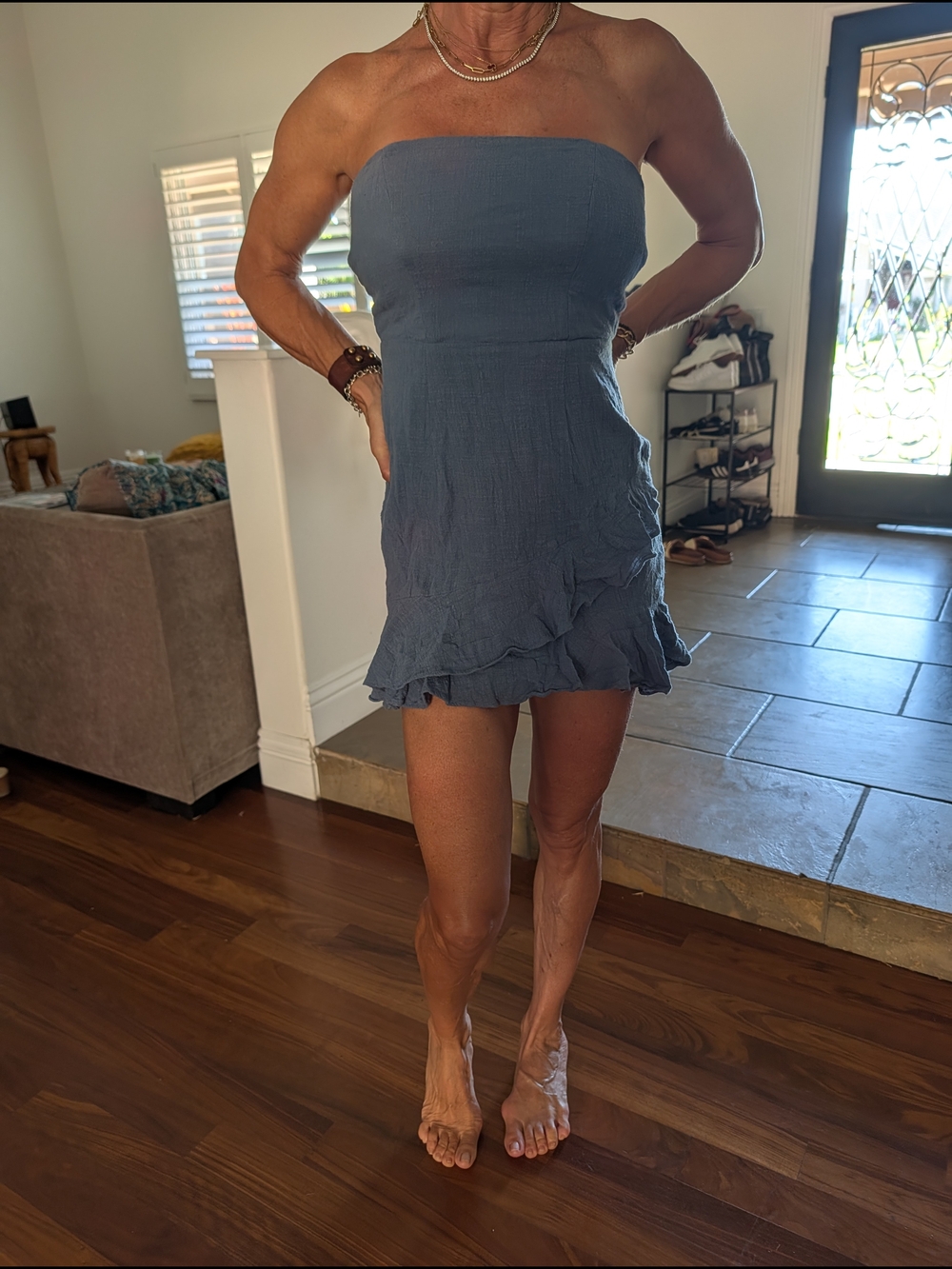 Strapless Ruffle-Hem Mini Dress in Slate Blue